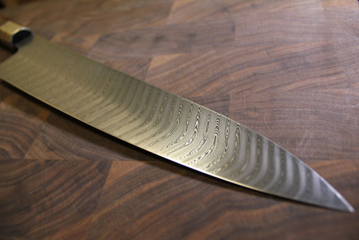 270mm Gyuto in Chevron double carbon with mokume ferule.